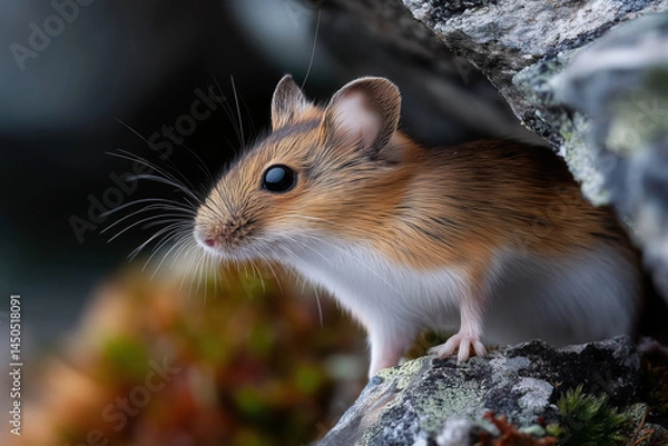 Fototapeta small wood mouse peeks out of its hole among the rocks