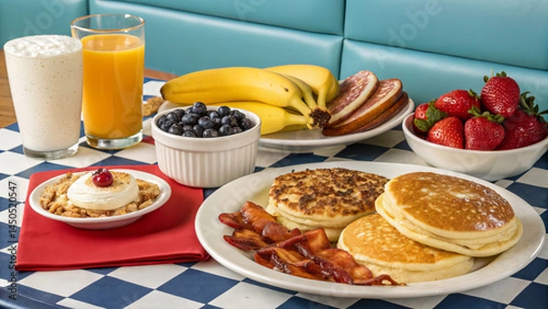 Fototapeta Vibrant North American continental breakfast in a sunny diner setting. A plate with fluffy pancakes, a side of crispy bacon, toasted English muffins with butter and blueberry jam, a bowl of yogurt wit