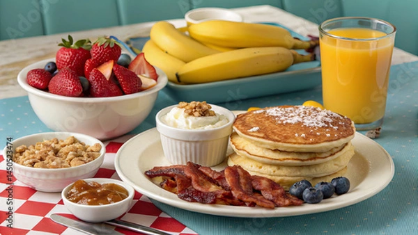 Fototapeta Vibrant North American continental breakfast in a sunny diner setting. A plate with fluffy pancakes, a side of crispy bacon, toasted English muffins with butter and blueberry jam, a bowl of yogurt wit