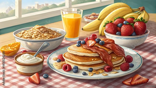 Fototapeta Vibrant North American continental breakfast in a sunny diner setting. A plate with fluffy pancakes, a side of crispy bacon, toasted English muffins with butter and blueberry jam, a bowl of yogurt wit