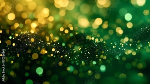 Fototapeta Sparkling Emerald and Gold Bokeh Lights in a Vibrant and Abstract Design Depicting Glamour, Elegance, and Festive Atmosphere