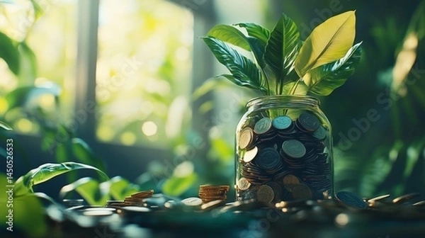 Fototapeta Visualize Achieving Financial Success Depicted Through a Growing Plant Sprouting From Coins in Bright Sunset Light Highlighting Growth and Prosperity