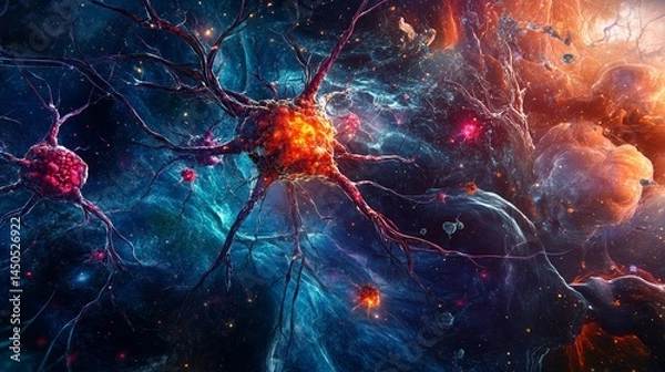 Obraz Abstract Visualization of Neurogenesis With Glowing Orange and Blue Neurons in Dynamic Network Highlighting Brain Activity and Scientific Innovation