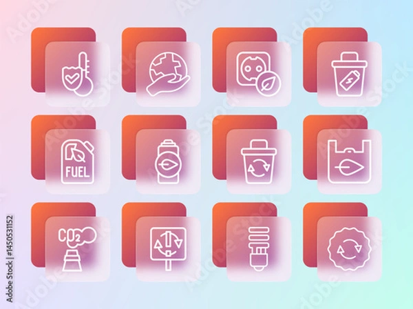 Fototapeta Set line Trash can, Recycle symbol, bin, LED light bulb, Eco nature leaf battery, Electrical outlet, Thermometer and Hand holding Earth globe icon. Vector