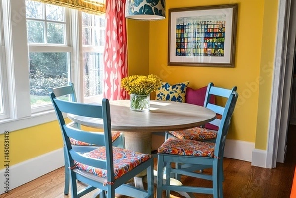 Fototapeta A casual dining room with a round table, colorful chairs, and a playful ambiance that encourages relaxed family meals