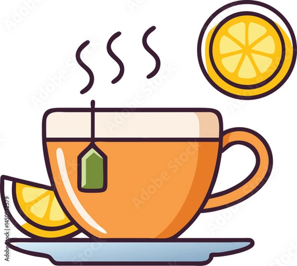 Obraz A cup of tea with steam rising, surrounded by fresh herbs and a cozy knitted blanket
