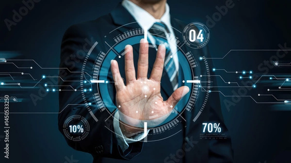 Obraz Biometric Security Scan: Businessman's hand displayed on futuristic interface for biometric security scan, digital identity verification technology. 