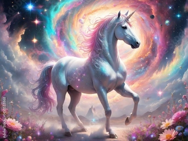 Fototapeta unicorn with flowers and clouds