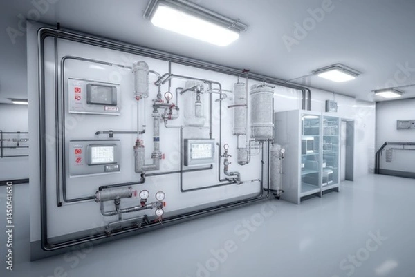 Fototapeta An industrial setting with complex pipework and storage tanks, showcasing a sterile laboratory environment, displaying a high-tech machinery installation and gleaming white walls.