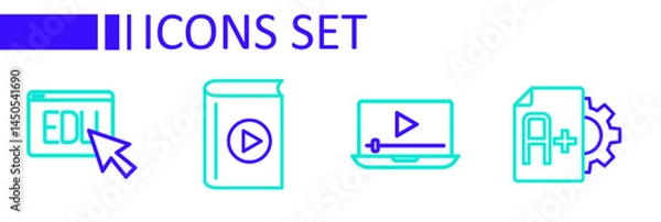 Fototapeta Set line Exam sheet with A plus grade, Online play video, Audio book and education icon. Vector