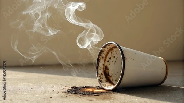 Fototapeta Spilled coffee cup emits steam on a rustic surface  