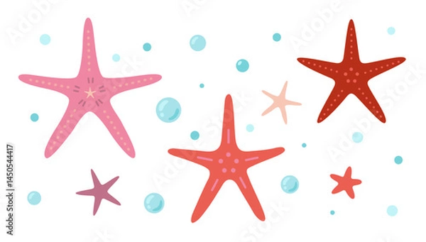 Obraz Set of red and pink starfish with bubbles in underwater scene. Simple marine design. Trendy modern vector illustration isolated on white background, hand drawn, flat design