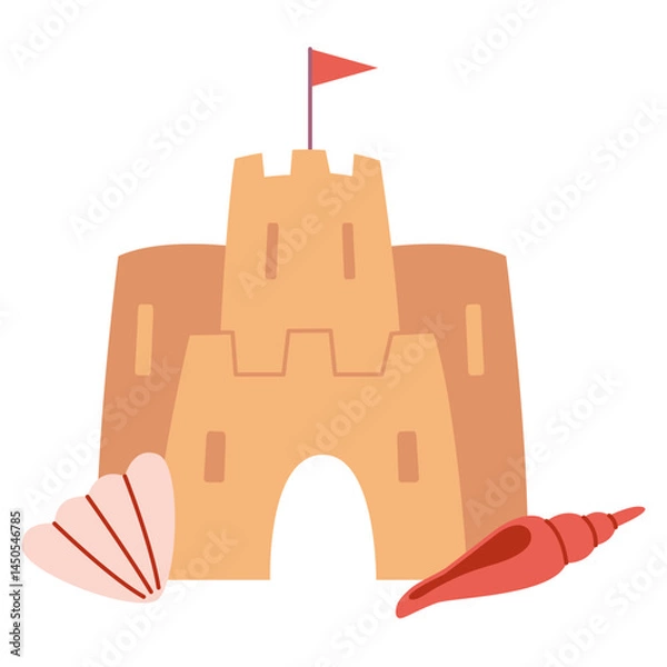 Obraz Cute sand castle with flag and seashells. Summer beach illustration for kids decor, vacation themes and coastal designs. Trendy modern isolated vector flat