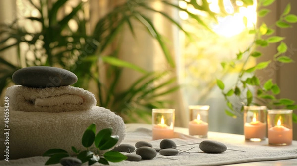 Fototapeta serene and inviting spa setting designed to promote relaxation and tranquility, evoke feelings of calmness and well-being, typical of a spa or wellness retreat.
