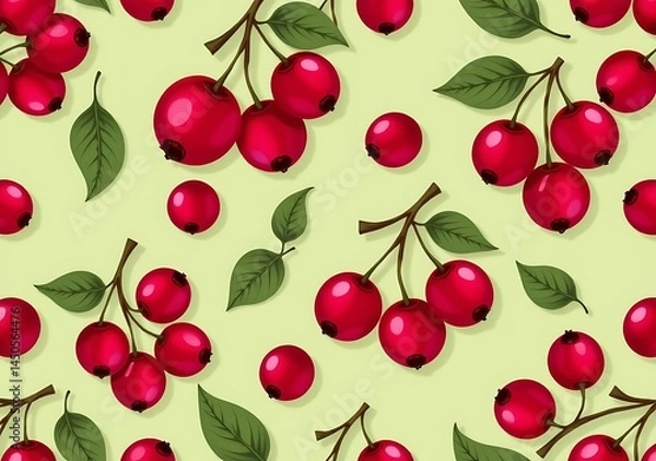 Fototapeta seamless pattern of cranberries flat vector on pistachio background