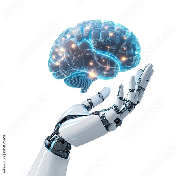 Obraz A robotic hand holding a glowing, floating AI brain, representing integration. isolated on white background