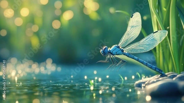 Fototapeta Dragonfly on water surrounded by greenery.