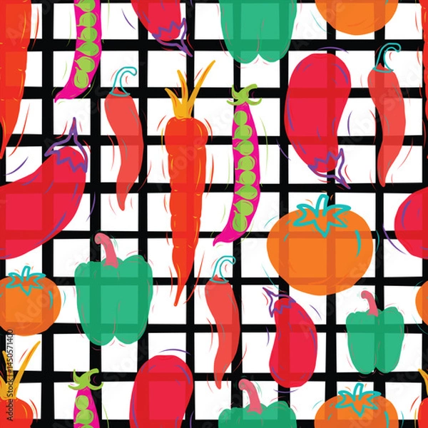 Obraz Vibrant Farm-to-Table Veggie Seamless Pattern with Checkerboard Background