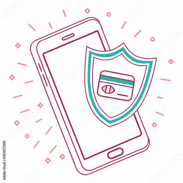 Obraz Mobile phone with security shield and credit card illustration  