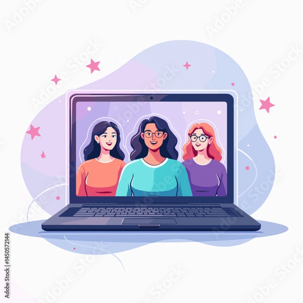 Obraz Three women smiling on a video call in a colorful background  