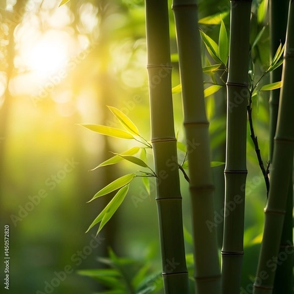 Fototapeta Lush bamboo stalks emerge from a verdant forest, bathed in golden sunlight.  New shoots and leaves are highlighted, creating a serene, natural scene