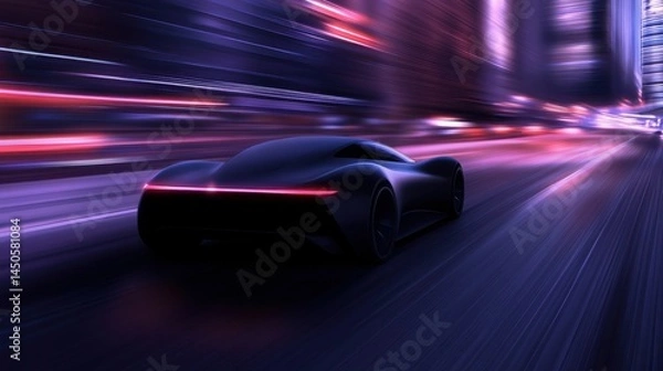 Fototapeta Sleek dark car speeding, city lights blurred.