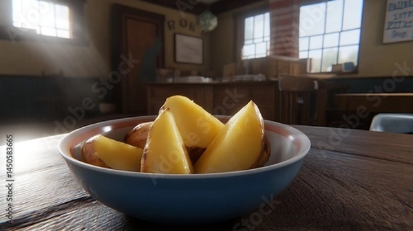 Fototapeta Sliced potatoes in bowl on table