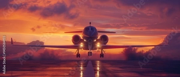 Obraz Majestic jet taking off at sunset over a runway.