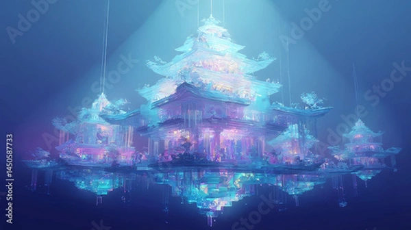 Fototapeta Floating crystalline temple-like structure radiating soft light in a deep atmospheric underwater scene