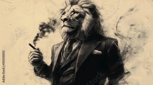 Obraz Lion head in pinstripe suit holding smoking cigar, sophisticated animal portrayal with detailed charcoal line work effect, on a transparent background, PNG image, PNG file.