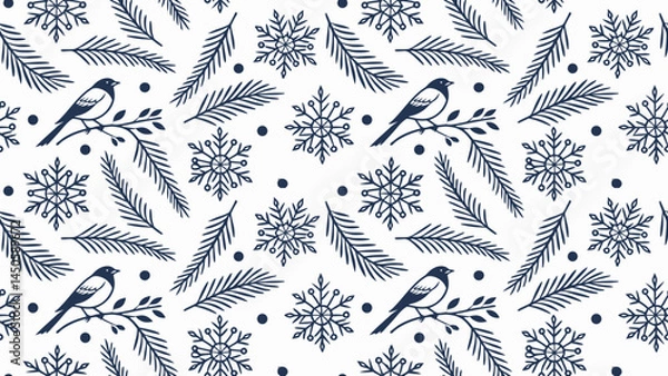 Fototapeta Embroidery pattern Winter Pattern with Birds, Leaves, and Snowflakes in Navy Blue  