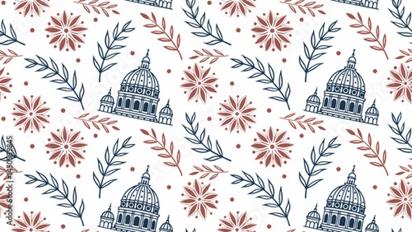 Fototapeta Embroidery pattern Decorative pattern of domes, flowers, and leaves on white background  