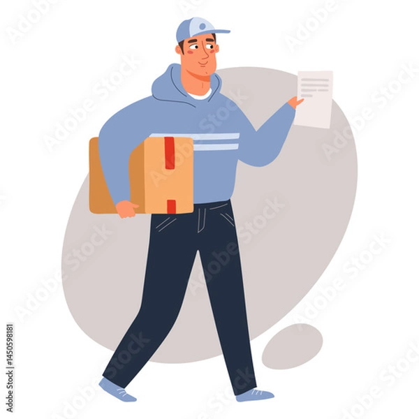 Fototapeta Courier delivering cardboard box. Delivery man with parcel. Online shopping worldwide, delivery service, shipping concept. Flat vector illustration