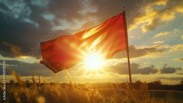 Fototapeta Red flag in golden sunset, a warning sign