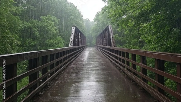Fototapeta Bridge in a forest during a rainy day