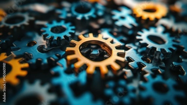 Fototapeta Interlocking blue and yellow gears symbolize teamwork