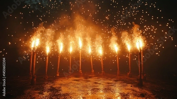Fototapeta Burning torches with flames, set on a reflective surface