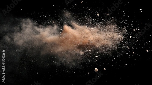 Fototapeta Explosion of brown dust particles on black backdrop.