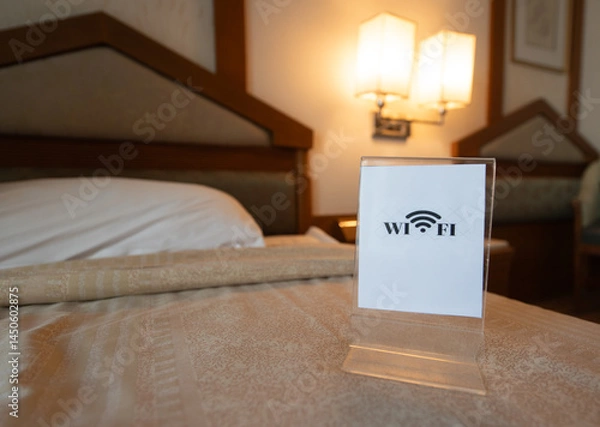 Fototapeta Hotel room with wifi access sign