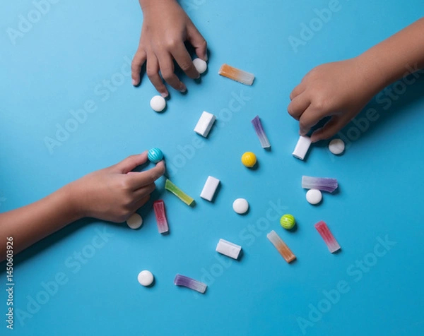 Fototapeta Sugar feast concept, top view image of sugar feast concept,Child's hands picking colorful fruit jelly candies.