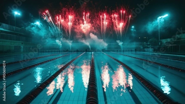 Fototapeta Swimming pool with fireworks display at night.