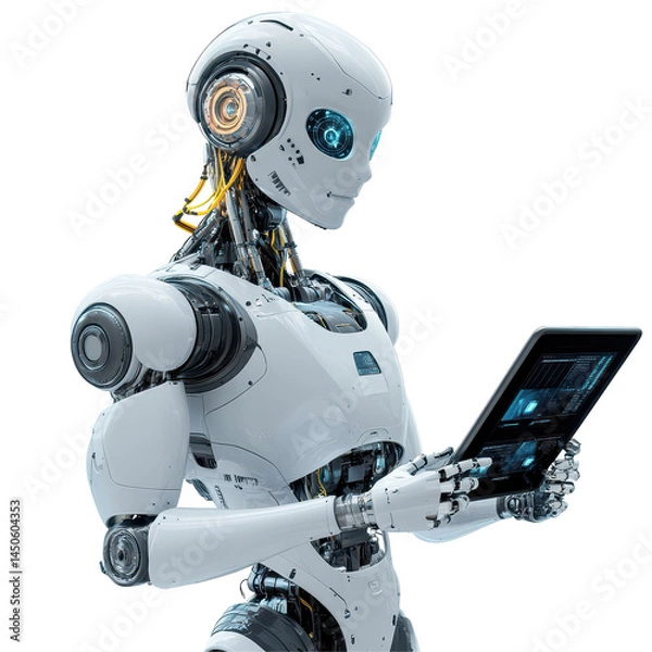 Fototapeta A sleek robot with human-like facial features holding a tablet displaying advanced data. isolated on white background
