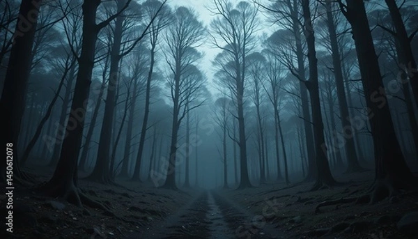 Obraz A Misty, Eerie Forest Path Under a Gloomy Sky