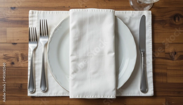 Obraz A white plate with knife and fork for food styling or culinary blogs