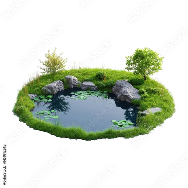 Fototapeta Small pond with rocks and trees isolated on transparent background