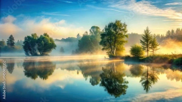 Obraz Tranquil morning mist rising over a serene lake with reflections of the sky, trees, and clouds in the still water