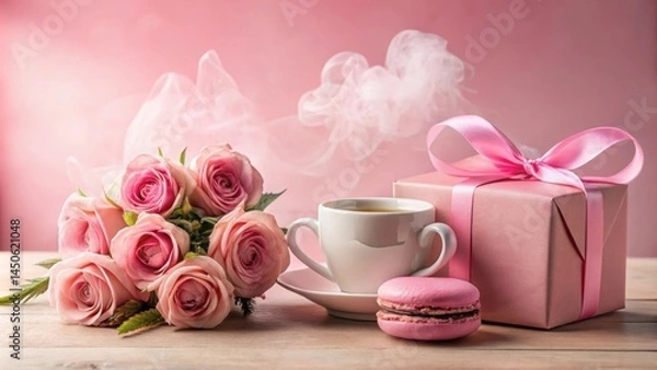 Obraz A pink gift box tied with a satin bow, a delicate bouquet of roses, a steaming cup of tea, and a sweet pink macaron on a wooden table create a lovely romantic scene.