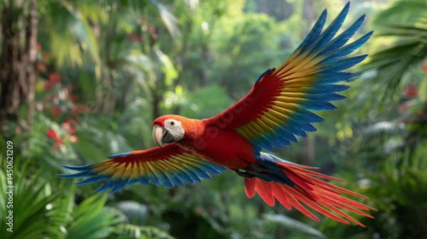 Obraz Colorful scarlet macaw flying through lush tropical jungle with vibrant wings spread wide