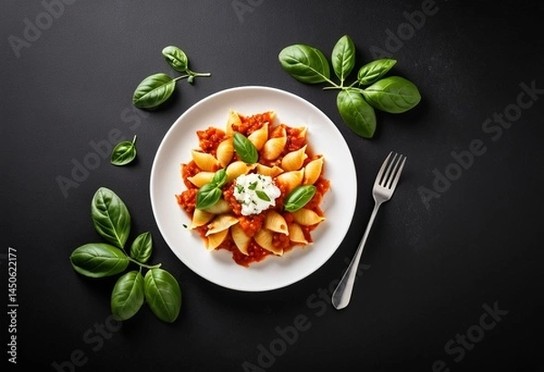 Obraz Pasta shells with ricotta and spinach, baked in tomato sauce