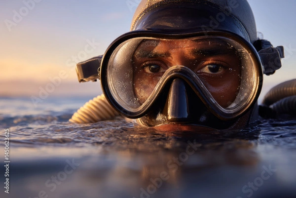 Fototapeta Closeup of diver surfacing from ocean water at sunset with intense focused expression